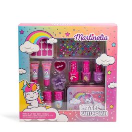 Martinelia 85499 Set Uñas y Labios Little Unicorn con 5 Esmaltes, 4 Brillantes Labiales, Plantillas y Gemas, Estuche Metálico