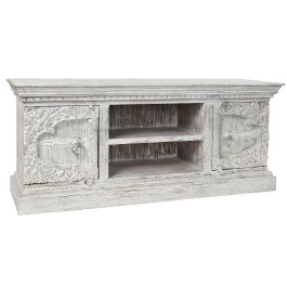 DKD Home Decor Mueble TV Árabe Decapado Hecho a Mano de Mango/Metal Blanco 160x40x65 cm con 2 Puertas y 1 Estante