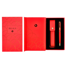 Belius Passion d'or Pluma y estuche de lujo en cuero rojo y dorado con tinta azul, aluminio texturizado