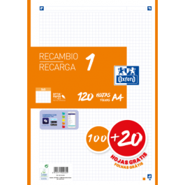 Oxford Recambio Classic 100H + 20H Gratis A4 Sueltas 90 gr 5x5 mm 4 Taladros 1 Banda Color Naranja