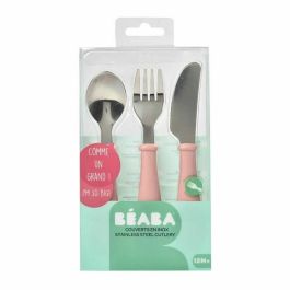 Beaba Set de 3 Cubiertos de Aprendizaje para Bebés de Acero Inoxidable Rosa Cuchara, Tenedor y Cuchillo con Formas Redondeadas
