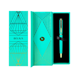 Belius Pluma Soirée Art Deco Turquesa y Dorado Tinta Azul Caja de Diseño