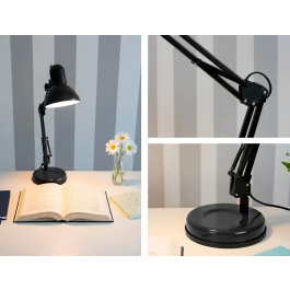 Q-connect Lámpara de Escritorio Polaris Metálica con Interruptor, Brazo Doble y 3 Articulaciones, Color Negro