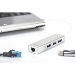 DIGITUS Adaptador USB-Hub 3 Puertos USB 3.0 + 1 Puerto LAN Gigabit Ethernet Plata Blanco