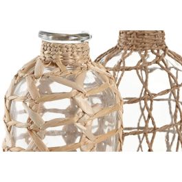 DKD Home Decor Jarrón Mediterráneo de Cristal y Fibra Transparente Marrón Claro 12x12x33 cm 2.5 L (Juego de 2 Unidades)