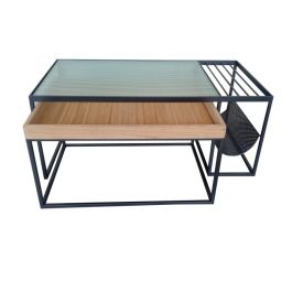 DKD Home Decor Mesa Centro Loft Set de 2 - Madera, Metal, Cristal y Bambú - Medidas 110x60x45 cm - Acabado Natural y Negro - 18 kg