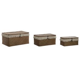 DKD Home Decor Cesta Boho Set de 3 de Fibra Natural Blanca Hecha a Mano - 23 x 17 x 35 cm