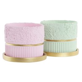 DKD Home Decor Maceta Set de 2 Piezas Cemento Rosa Verde 20 x 16.5 x 20 cm