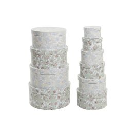 DKD Home Decor Set de 10 Cajas Decorativas Redondas Shabby de Cartón con Flores Verde Beige 37.5 x 18 x 37.5 cm