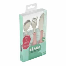 Beaba Set de 3 Cubiertos de Aprendizaje para Bebés de Acero Inoxidable Rosa Cuchara, Tenedor y Cuchillo con Formas Redondeadas