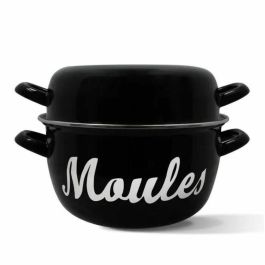 Menastyl 3645564 Olla para Mejillones de Acero Esmaltado Negro 24 cm con Inscripción - Compatible Inducción y Todo Tipo de Fuegos
