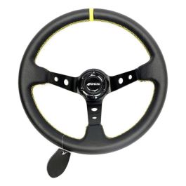 OCC Motorsport OCCVOL004 Volante Desplazado Modelo Track Piel Artificial Negro 350mm Brazos Negros Ribete/Costuras Amarillas Deportivo Competición Coche Simulador Universal