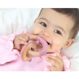 KioKids Mordedor Bebé Madera Haya y Silicona Rosa Conejo +3 Meses. Alivia Dentición y Masajea Encías. Colección Eco-friendly.