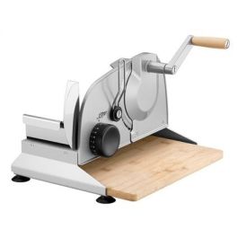 Ritter PIATTO-5 Cortafiambres Manual con Hoja Dentada de 17 cm y Tabla de Bambú FSC, Acabado Plateado Metálico