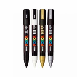 POSCA UNI PC-5M Set de 4 Marcadores de Tinta a Base de Agua, Punta Redonda Media, Colores Negro, Oro, Plata, Blanco
