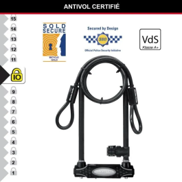 Master Lock Candado en U con Cable y Llave - Modelo XL - Acero Cementado, Doble Grillete, Cable 1.20m - Soporte Bicicleta