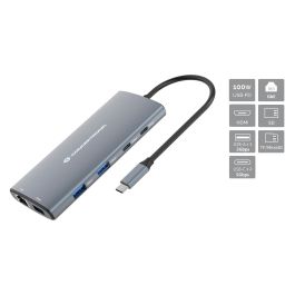 Conceptronic DONN06G Hub USB-C 10-en-1 con HDMI 4K, Ethernet Gigabit, 100W PD, 3xUSB-A, 3xUSB-C, Lector de Tarjetas - Gris
