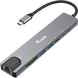 EQUIP Adaptador USB-C a HDMI, Ethernet GbE, 3x USB 3.2 Gen1, Lector SD/TF y Carga PD 100W