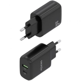 AISENS - CARGADOR GaN 30W, 1xUSB-C PD3.0 QC4.0, 1xUSB-A QC3.0, NEGRO