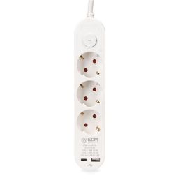 Edm Prolongador con 3 tomas Schuko + 2 USB (A+C) con Interruptor, Cable 1.5m H05VV-F 3G1.5mm², 16A 250V, Blanco