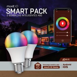 Muvit Bombilla inteligente LED multicolor y blanca A60 E27 9W, control por app muvit IO Home, compatible con asistentes de voz