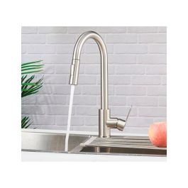Verhal Grifo de cocina monomando caño alto extraíble, plateado mate, serie Miño, acero inoxidable 304 con pulsador y caño giratorio