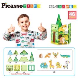 PICASSO TILES Bloques Magnéticos Safari, 48 Piezas de Construcción + 8 Figuras de Animales, para Niños +3 Años