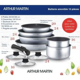 ARTHUR MARTIN AM167S Batería de cocina de 10 piezas - Aluminio - Manija extraíble - Todas las luces, incluida la inducción ARTHUR MARTIN AM167S Batería de cocina de 10 piezas - Aluminio - Manija extraíble - Todas las luces, incluida la inducción