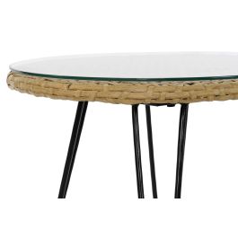 DKD Home Decor Set de 3 Mesas para Terraza y Jardin, 57.5 x 82 x 56 cm, Marron Claro y Negro, con Cojin y Desmontable, Material: Metal, Ratan, Poliester, Cristal