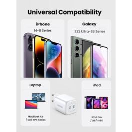 UGREEN Nexode 45W Cargador USB-C Dual PD 3.0 QC 4 (25W+20W) Blanco para Carga Rápida Universal