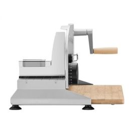 Ritter PIATTO-5 Cortafiambres Manual con Hoja Dentada de 17 cm y Tabla de Bambú FSC, Acabado Plateado Metálico