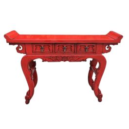 DKD Home Decor Consola Oriental de Olmo y Metal Color Rojo con 3 Cajones Mueble Auxiliar 135 cm Ancho x 89 cm Alto x 37 cm Fondo