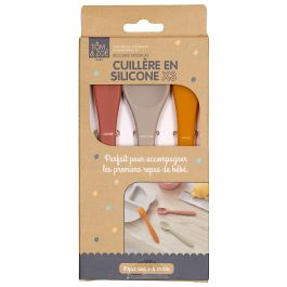 Tom et Zoe Juego de 3 Cucharas de Silicona para Bebé, Colores Surtidos (Gris, Amarillo, Azul, Rosa)