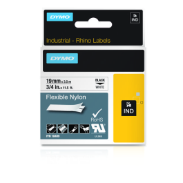 Dymo Rhino cinta de etiquetas industrial adhesiva id1-19, negro sobre blanco de 19mmx3´5 m, nylon flexible (s0718120)