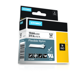 Dymo Rhino cinta de etiquetas industrial adhesiva id1-19, negro sobre blanco de 19mmx3´5 m, nylon flexible (s0718120)