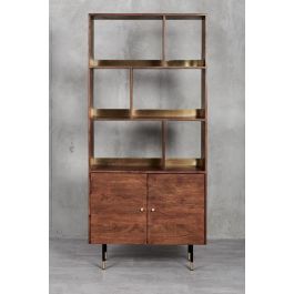 DKD Home Decor Estantería Moderno Marrón Oscuro Dorado, Metal y Madera Mango, 90x35x200cm, con 2 Puertas y 4 Estantes