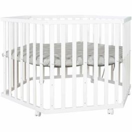 Roba AAAIG92169 Parque infantil hexagonal de madera lacada en blanco LITTLE STARS, altura regulable, funda acolchada, ruedas con freno.