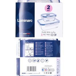 Set 2 Recipientes Rect Herméticos Vidrio Pure Box Active Luminarc Set 2 Piezas 38 cL - 122 cL