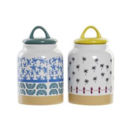DKD Home Decor Bote Colonial Colección África de Gres Turquesa y Azul Mate, 19 cm Alto, Pack 4 Unidades, Apto Lavavajillas y Microondas