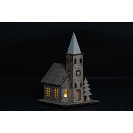 DKD Home Decor Decoración Navidad Iglesia Alpina Madera con Luz LED Marrón 21 cm Alto (Set 2 Unidades)