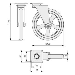Q&Q H123 Rueda Giratoria Camarena Aro de Goma, Ø105mm, Plástico Bronce, Capacidad 30 kg, con Placa 50x50mm Q&Q H123 Rueda Giratoria Camarena Aro de Goma, Ø105mm, Plástico Bronce, Capacidad 30 kg, con Placa 50x50mm