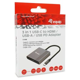 Equip Adaptador 3in1 USB-C 1xHDMI 4K/60Hz 1xUSB-A 1xUSB-C Alimentacion 100WCable 25cm Carcasa Aluminio