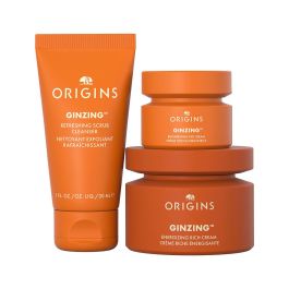 Origins Ginzing Crema Rica Energizante Estuche 3 pz para Piel Seca: Crema 50ml + Contorno Ojos 15ml + Exfoliante 30ml, Niacinamida, Café y Ginseng