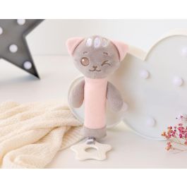 KioKids Sonajero Cricri Gatito Rosa con Mordedor de Silicona y Sonido para Bebés +3 Meses - Alivia Dentición - Colección Dolci Amici