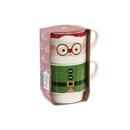 DKD Home Decor Taza Navidad Tradicional Porcelana 365ml Rojo Verde Blanco, Set de 2 Tazas Apto Microondas y Lavavajillas