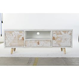 DKD Home Decor Mueble TV Tropical Decapé Madera y Bambú Blanco Colección Whitepalm con Palmeras 140x40x51 cm, 1 Cajón y 2 Puertas