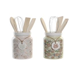 DKD Home Decor Bote Utensilios Tradicional Verde Beige 12x12x25 cm Set de 5 piezas Dolomite MDF Apto Lavavajillas