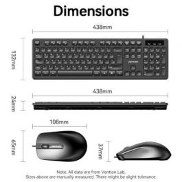 Vention KTCB0-ES Teclado y Ratón Combo 104 Teclas Ergonómico, Mouse 1200 DPI, Cable USB-A, Plug & Play Multiplataforma