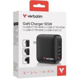 Verbatim 32216 Cargador de Pared GaN 165W Universal para Viaje con 3 USB-C y 1 USB-A, Carga Rápida Múltiple y Compacto