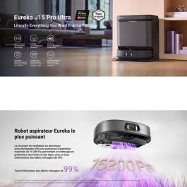Eureka EUR1744338514104 Robot Aspirador J15 Pro Ultra, 16.200 Pa, Agua Caliente 75°C, Mopa Extensible FlexiMop, Negro